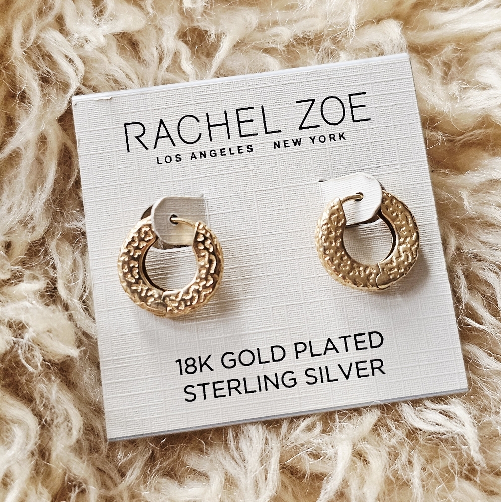 18K Gold Plated Sterling Silver 925 Textured Small Huggie Hoop Earrings NWT